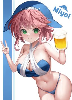 1girl absurdres alcohol beer beer_mug bikini blue_bikini blue_hat blush breasts character_name cleavage closed_mouth collarbone cowboy_shot cup dobostorte drink green_eyes hat highres holding holding_drink large_breasts looking_at_viewer mug navel okunoda_miyoi pink_hair short_hair smile solo split_mouth standing swimsuit touhou v white_background