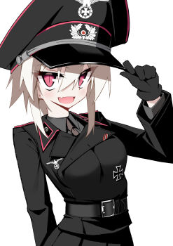 Rule 34 | 1girl, absurdres, adjusting clothes, adjusting headwear, belt, belt buckle, black gloves, black shirt, blazer, blonde hair, breasts, brown necktie, buckle, commentary request, cross, epaulettes, fang, gloves, hat, highres, iron cross, jacket, jiseki rena, looking at viewer, medium breasts, military uniform, nazi, necktie, original, peaked cap, pleated skirt, red eyes, reichsadler, rena (jiseki rena), shirt, short hair, skin fang, skirt, solo, thighhighs, totenkopf, tsurime, white background, zettai ryouiki