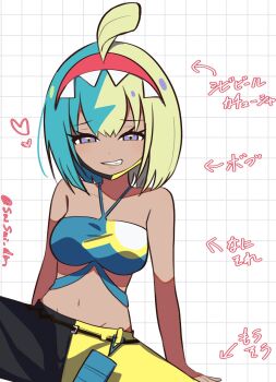 1girl aqua_bandeau aqua_hair bandeau black_mask blonde_hair bob_cut canari_(pokemon) center-flap_bangs commentary_request crop_top hair_down hairband hasu_175 highres mask mask_pull mouth_mask multicolored_hair nintendo no_jacket official_alternate_costume official_alternate_hairstyle pokemon pokemon_legends:_z-a red_hairband solo split-color_hair translation_request two-tone_bandeau two-tone_mask yellow_bandeau yellow_mask