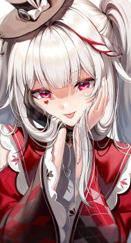 1girl dress facial_mark hashtag-only_commentary hat heart heart_facial_mark highres honkai:_star_rail honkai_(series) long_hair looking_at_viewer purple_eyes red_dress silence_girl solo sparkle_(honkai:_star_rail) sparxie_(honkai:_star_rail) tongue tongue_out top_hat upper_body very_long_hair white_hair