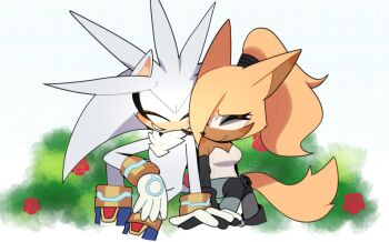 Rule 34 | 1boy, 1girl, animal ears, animal nose, artist name, bare shoulders, black gloves, blonde hair, blue background, blush, body fur, boots, border, bracelet, breasts, brown fur, bush, cleavage, closed eyes, closed mouth, commentary, elbow gloves, eyelashes, eyeliner, eyeshadow, fang, fang out, flower, fox boy, fox ears, fox tail, furry, furry female, furry male, furry with furry, gloves, gold bracelet, grass, grey fur, grey gloves, grey hair, grey pants, hair over one eye, hair tie, half-closed eyes, hand on own knee, hand up, happy, hedgehog, hetero, high ponytail, highres, holding hands, jewelry, knee pads, leg up, leggings, long hair, looking at another, makeup, medium breasts, multicolored fur, neck fur, one eye covered, open mouth, orange fur, outdoors, outside border, pants, ponytail, r 1807, red flower, red rose, rose, shirt, shoes, silver the hedgehog, simple background, sitting, sleeveless, sleeveless shirt, smile, sonic (series), sonic the hedgehog (idw), standing, strapless, tail, teeth, thigh boots, two-tone fur, whisper the wolf, white background, white border, white fur, white gloves, white shirt, wolf ears, wolf girl, wolf tail, yellow fur