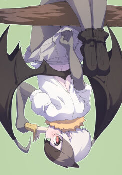 1girl absurdres animal_ears backless_shirt banana bat_ears bat_girl bat_wings black_boots black_hair blush boots daito_fruit_bat_(kemono_friends) eating elbow_gloves extra_ears food fruit fur_collar gloves grey_gloves grey_pantyhose grey_skirt hair_between_eyes highres kemono_friends looking_at_viewer looking_back lowlandgorilla multicolored_hair pantyhose pleated_skirt puffy_short_sleeves puffy_sleeves red_eyes shirt short_sleeves sidelocks skirt solo upside-down white_hair white_shirt wings yellow_fur