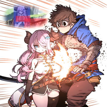 1boy 1girl belt blood blood_from_mouth blue_eyes breasts brown_hair draph fingerless_gloves gameplay_mechanics gauntlets gloves gran_(granblue_fantasy) granblue_fantasy granblue_fantasy_versus hair_ornament hair_over_one_eye hairclip highres hitbox hitting hood hoodie horns large_breasts narmaya_(granblue_fantasy) pink_hair pointy_ears single_thighhigh ssambatea thighhighs
