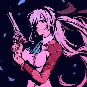 Rule 34 | 1girl, ao no kiseki, black background, black hairband, bow, breasts, coat, commentary, double-parted bangs, eiyuu densetsu, elie macdowell, green eyes, gun, hair between eyes, hair bow, hair ribbon, hairband, holding, holding gun, holding weapon, large breasts, long hair, looking at viewer, moshimoshibe, petals, ribbon, simple background, solo, very long hair, weapon, white hair, zero no kiseki