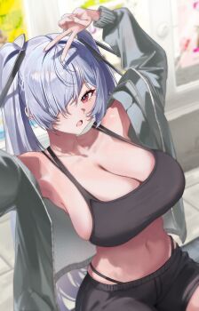 1girl absurdres alternate_costume black_shorts black_sports_bra breasts bright_pupils buta_dong cinderella_(nikke) cleavage collarbone commentary_request goddess_of_victory:_nikke grey_hair grey_jacket hair_over_one_eye highres jacket korean_commentary large_breasts long_hair long_sleeves navel one_eye_covered open_mouth panty_straps pink_nails shorts solo sports_bra v very_long_hair white_pupils