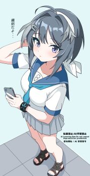 1girl absurdres arknights black_sandals blue_background blue_nails blue_neckerchief blue_sailor_collar blush breasts cellphone commentary_request eggplant7217 full_body grey_hair grey_skirt hair_ornament hairclip hand_in_own_hair highres holding holding_phone infection_monitor_(arknights) la_pluma_(arknights) looking_at_viewer medium_breasts miniskirt nail_polish neckerchief parted_lips phone pleated_skirt sailor_collar sandals school_uniform serafuku shirt short_hair short_sleeves simple_background skirt smartphone solo standing toenail_polish toenails translation_request watermark white_shirt