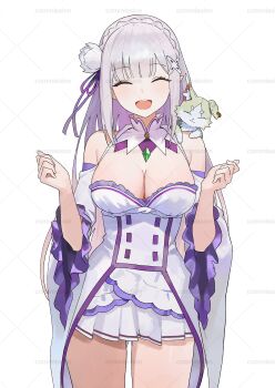 1girl :d absurdres bare_shoulders breasts character_doll cleavage closed_eyes commentary commission cowboy_shot creature creature_on_shoulder detached_sleeves doll dress emilia_(re:zero) flower hair_flower hair_ornament hands_up highres large_breasts multicolored_dress multicolored_hair multicolored_sleeves nbee_ya on_shoulder open_mouth puck_(re:zero) purple_dress purple_hair purple_sleeves re:zero_kara_hajimeru_isekai_seikatsu sidelocks simple_background smile standing teeth two-tone_hair two-tone_sleeves upper_teeth_only watermark white_background white_dress white_flower white_hair white_sleeves wide_sleeves