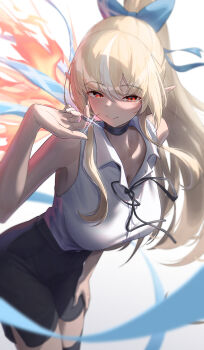 1girl absurdres black_skirt blonde_hair blue_bow bow collared_shirt dark-skinned_female dark_elf dark_skin elf hair_bow highres hololive long_hair looking_at_viewer mintea_(minteashake) multicolored_hair pointy_ears ponytail red_eyes shiranui_flare shirt sidelocks skirt sleeveless sleeveless_shirt smile solo streaked_hair very_long_hair virtual_youtuber white_shirt white_streaks