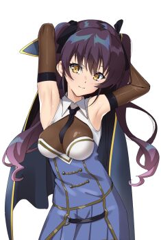 1girl armpits arms_behind_head arms_up assault_lily bare_shoulders black_necktie black_ribbon blue_cloak blue_shirt blue_skirt blush bodystocking breasts brown_gloves cloak closed_mouth collared_shirt commentary cowboy_shot elbow_gloves gloves hair_between_eyes hair_ribbon hishida_haru holding holding_cloak holding_unworn_clothes light_smile long_hair looking_at_viewer medium_breasts mototenn necktie odaiba_girls_high_school_uniform pleated_skirt purple_hair ribbon school_uniform shirt short_necktie simple_background skirt sleeveless sleeveless_shirt standing twintails two-tone_shirt unworn_cloak white_background white_shirt yellow_eyes