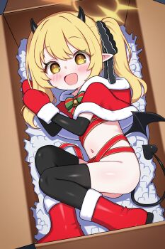 1girl :d absurdres asymmetrical_hair bell black_gloves black_horns black_ribbon black_tail black_thighhighs black_wings blonde_hair blue_archive blush boots bow bowtie box capelet cardboard_box commentary demon_girl demon_horns demon_tail demon_wings elbow_gloves english_commentary from_above full_body fur-trimmed_boots fur-trimmed_capelet fur-trimmed_mittens fur_trim gloves green_bow green_bowtie hair_ribbon halo hands_up happy highres horns ibuki_(blue_archive) in_box in_container loli long_hair looking_at_viewer lying mittens naked_ribbon navel neck_bell on_side open_mouth pointy_ears red_boots red_capelet red_mittens red_ribbon ribbon side_ponytail smile solo straight_hair tail thighhighs wings yellow_eyes yellow_halo zing_(z_z_zing)