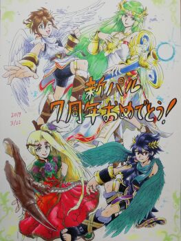 Rule 34 | 2boys, 2girls, angel, angel wings, anniversary, bike shorts, black hair, blonde hair, blue eyes, brown hair, chain, circlet, clenched hand, collarbone, dark pit, dated, dress, flower, gold chain, green eyes, green hair, green scarf, hair flower, hair ornament, hand on own hip, highres, holding, holding staff, jewelry, kid icarus, kid icarus uprising, laurel crown, long hair, looking at viewer, multiple boys, multiple girls, nintendo, non-web source, one eye closed, open mouth, palutena, pendant, pit (kid icarus), purple flower, purple rose, red dress, red eyes, rose, scarf, smile, source request, sparkle, staff, traditional media, very long hair, viridi, wings, yellow eyes, yui fightpaint