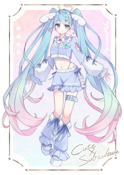 1girl absurdres aqua_eyes aqua_hair aqua_nails closed_mouth earrings full_body gradient_hair hair_ornament hatsune_miku highres jewelry leg_warmers long_hair long_sleeves looking_at_viewer multicolored_hair navel pink_hair pomainu purple_shirt shirt smile solo star_(symbol) star_earrings stomach thigh_strap twintails very_long_hair vocaloid