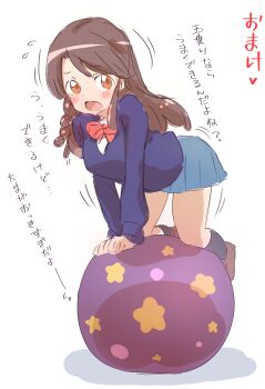 Rule 34 | 1girl, absurdres, ball, blue skirt, braid, breasts, brown hair, highres, icorasama, kin-iro mosaic, long hair, matsubara honoka, medium breasts, on ball, school uniform, sexually suggestive, simple background, single braid, skirt, solo, thighs, translation request, white background
