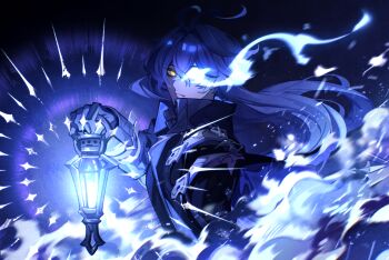 1boy ahoge black_background black_coat black_gloves blue_background blue_fire blue_hair coat commentary_request fire flaming_eye flins_(genshin_impact) frown genshin_impact gloves gradient_background high_collar highres hizuki_miya holding holding_lantern lantern looking_at_viewer male_focus solo upper_body yellow_eyes