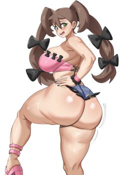 1girl aged_up ankle_strap ass black_bow black_nails black_panties blue_shorts blush bow breasts brown_hair cellulite crop_top cutoffs denim denim_shorts frilled_cuffs from_behind green_eyes hair_bow hand_on_own_hip huge_ass large_breasts long_hair looking_back nintendo one_leg_raised open_mouth panties pink_nails pink_shirt pink_shoes pokemon pokemon_xy sandals shauna_(pokemon) shirt shoes short_shorts shorts solo standing strapless thick_thighs thighs torn_clothes torn_shorts tube_top twintails underwear white_background wrist_cuffs ytrall