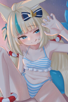 1girl :q absurdres ahoge akuruatsu animal_ear_fluff animal_ears bikini blonde_hair blue_eyes blue_hair blue_nails blunt_bangs blush bow cat_ears claw_pose collarbone fins fish_tail hair_bow hair_ornament highres indie_virtual_youtuber knee_up loli long_hair looking_at_viewer multicolored_hair nail_polish navel sameko_saba sitting smile solo streaked_hair striped_bikini striped_clothes swimsuit tail tongue tongue_out twintails very_long_hair virtual_youtuber