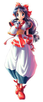 1girl ainu_clothes baggy_pants black_hair blue_eyes bow fingerless_gloves full_body gloves goto_p hair_bow hairband hand_up highres long_hair low-tied_long_hair nakoruru pants parted_lips red_bow red_hairband red_shoes samurai_spirits sash shoes simple_background smile solo standing white_background white_gloves white_pants yellow_sash