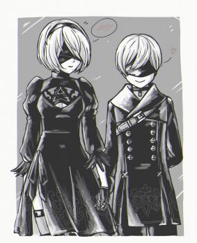 1boy 1girl 2b_(nier:automata) 9s_(nier:automata) absurdres black_gloves blindfold commentary couple cowboy_shot english_commentary gloves greyscale hetero highres holding_hands monochrome nier:automata nier_(series) open_mouth shirl_geem short_hair smile white_hair