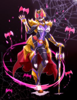 Rule 34 | 1girl, absurdres, alternate costume, alternate form, alternate universe, armor, bat (animal), belt, black background, black bodysuit, blood, bodysuit, breastplate, breasts, commentary request, contrapposto, gauntlets, gloves, gold armor, highres, kamen rider, kamen rider dcd, kamen rider kiva, kamen rider kiva (emperor form), kamen rider kiva (series), kamen rider kivala, large breasts, mixed-language commentary, p.a.l.m, pink blood, planted, planted sword, planted weapon, red eyes, rider belt, sword, tokusatsu, vampire, weapon