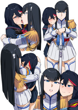 2girls bakkanki bakuzan black_hair blue_eyes blush breasts commentary_request cuddling epaulettes french_kiss gloves hair_ornament highres hug hug_from_behind incest junketsu kill_la_kill kiryuuin_satsuki kiss large_breasts matoi_ryuuko multicolored_hair multiple_girls multiple_views red_gloves red_hair senketsu siblings sisters skirt streaked_hair sweat sword thick_eyebrows thighhighs weapon yuri