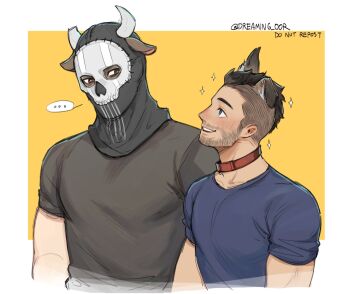 ... 2boys animal_collar animal_ears black_hair black_shirt blue_shirt blush broken_horn call_of_duty call_of_duty:_modern_warfare_2 collar cow_boy cow_ears cow_horns dog_boy dog_ears dreaming_oor facial_hair ghost_(modern_warfare_2) highres horns looking_at_another male_focus mask multiple_boys shirt short_hair skull_mask smile soap_(modern_warfare_2) sparkle sparkling_aura twitter_username