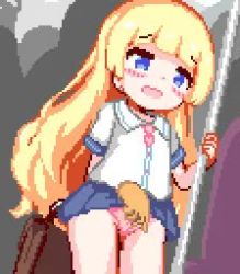 1girl animated blonde_hair blue_eyes blue_skirt blush censored chikan clothing_aside cum cum_in_pussy disembodied_hand disembodied_penis fingering fingering_through_clothes fingering_through_panties hetero hinainf loli long_hair lowres molestation mosaic_censoring open_mouth panties panties_aside penis pink_panties pixel_art public_indecency pussy sex shirt skirt stealth_sex tears through_clothes train_interior underwear vaginal video white_shirt