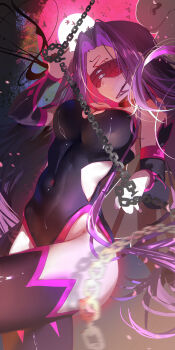 1girl absurdres black_dress black_thighhighs breasts chain chinese_commentary cleavage commentary_request covered_navel dress eye_mask facial_mark fate/stay_night fate_(series) forehead_mark highres koi_hh large_breasts long_hair mask medusa_(fate) medusa_(rider)_(fate) purple_hair skin_tight solo thighhighs thighs very_long_hair