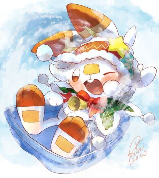 animal_focus bell blush bow capelet commentary full_body gen_8_pokemon green_capelet headscarf looking_at_viewer nintendo no_humans one_eye_closed open_mouth pokemon pokemon_(creature) pokemon_focus purobe rabbit red_bow scorbunny sled smile solo star_(symbol) symbol-only_commentary