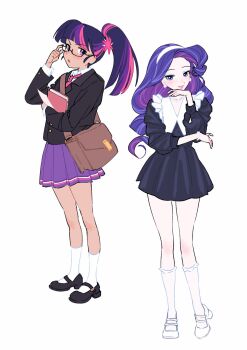 Rule 34 | 2girls, adjusting eyewear, bag, blue eyes, blunt bangs, book, crossbody bag, curly hair, dark-skinned female, dark skin, dress, earrings, full body, glasses, hair ornament, hairband, high heels, highres, holding, holding book, jacket, jewelry, long hair, long sleeves, mary janes, mishakrovosisya, multicolored hair, multiple girls, my little pony, my little pony: friendship is magic, necklace, necktie, open mouth, paper, pearl earrings, pearl necklace, personification, pink hair, pleated skirt, ponytail, purple hair, rarity (my little pony), school uniform, see-through clothes, see-through socks, shoes, shoulder bag, skirt, socks, star (symbol), star hair ornament, streaked hair, twilight sparkle