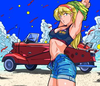 Rule 34 | 1girl, armpits, battle mania, bb9 megadrive, blonde hair, blue eyes, breasts, car, cleavage, commentary request, denim, denim shorts, hairband, highres, long hair, looking at viewer, motor vehicle, navel, ootorii mania, open mouth, shorts, solo
