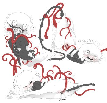1other bdsm bird_legs bite_mark black_eyes black_tail blood blush body_fur bondage bound clenched_teeth crying growling highres injury monster_boy mumble_(jejejunum) muzzle_(mask) one_eye_closed open_mouth original pussy_juice rabies rape screech_(jejejunum) sharp_teeth simple_background straitjacket tail tears teeth tendril tentacles vaginal white_background white_fur worm