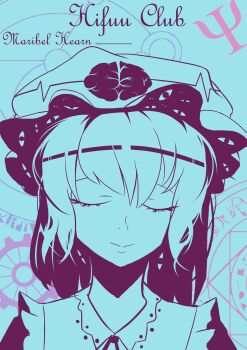 Rule 34 | 1girl, bilingual commentary, blonde hair, blue theme, character name, chinese commentary, closed eyes, closed mouth, collared dress, commentary, contrast collar, dress, english text, funnytt, gap (touhou), hat, highres, maribel hearn, medium hair, mixed-language commentary, mob cap, neck ribbon, ribbon, solo, touhou, wheel, white hat