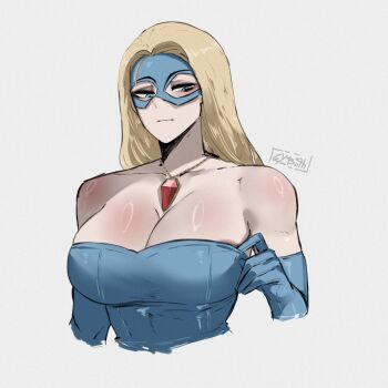 1girl artist_name bare_shoulders blonde_blazer blonde_hair blue_eyes blue_gloves blue_leotard blue_mask breasts cleavage closed_mouth collarbone commentary dispatch domino_mask elbow_gloves english_commentary eye_mask gem gloves gy_beth half-closed_eyes hand_up highres jewelry large_breasts leotard long_hair looking_down mask necklace red_gem simple_background solo strapless strapless_leotard superhero_costume upper_body white_background