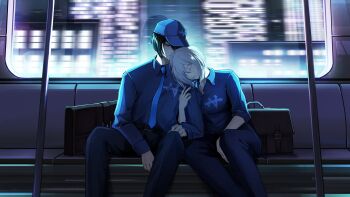 1boy 1girl backlighting baseball_cap between_legs black_eyes black_hair blue_necktie blue_shirt breasts city closed_eyes collared_shirt commentary english_commentary faust_(project_moon) feet_out_of_frame half-closed_eye hand_between_legs hand_on_another&#039;s_arm hand_on_own_knee hat head_on_another&#039;s_shoulder hetero highres limbus_company motion_blur necktie neon_lights night official_alternate_costume project_moon shirt short_hair train_interior w_corp._(identity)_(project_moon) white_hair yi_sang_(project_moon) zio_444