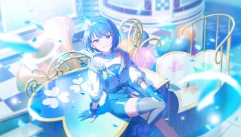 Rule 34 | 1girl, alternate costume, balloon, blue dress, blue eyes, blue gloves, blue hair, blue theme, bow hairband, closed mouth, colorful palette, confetti, dress, earrings, foot out of frame, game cg, gloves, grey thighhighs, grow glorious glow (project sekai), hairband, highres, jacket, jewelry, kiritani haruka, looking at viewer, official art, project sekai, single thighhigh, sitting, smile, solo, thighhighs, third-party source, white jacket