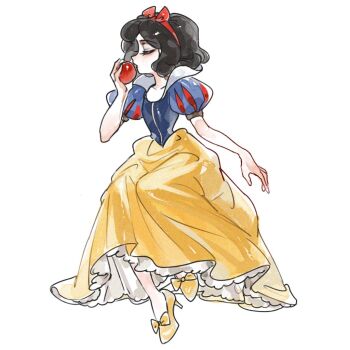 Rule 34 | 1girl, apple, black hair, blue corset, bow, breasts, closed eyes, corset, food, footwear bow, fruit, full body, gucandiyi52092, hair bow, hairband, holding, holding food, holding fruit, long skirt, pale skin, parted bangs, parted lips, puffy short sleeves, puffy sleeves, red bow, red hairband, shoes, short hair, short sleeves, skirt, small breasts, snow white (disney), snow white and the seven dwarfs (disney), solo, white background, yellow shoes, yellow skirt