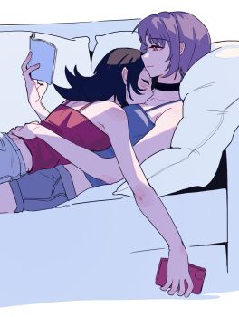 2girls bang_dream! bang_dream!_it's_mygo!!!!! black_choker black_hair blue_camisole blue_shorts blush book camisole cellphone choker closed_mouth couch cushion highres holding holding_book holding_phone long_hair multiple_girls on_couch phone pink_eyes purple_hair reading red_camisole short_hair shorts smartphone smile xiaowu0074 yahata_umiri yuri yuutenji_nyamu