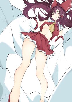 1girl absurdres ascot bare_legs bow breasts brown_hair commentary_request contrast_collar cropped_shirt detached_sleeves frilled_bow frilled_hair_tubes frilled_sailor_collar frills gluteal_fold hair_bow hair_tubes hakurei_reimu highres linea_alba long_hair looking_at_viewer medium_breasts miniskirt navel partial_commentary pleated_skirt red_eyes red_shirt red_skirt sailor_collar shirt simple_background skirt sleeveless sleeveless_shirt solo touhou unanooo_(fthx7532) underboob very_long_hair white_background white_sailor_collar yellow_ascot