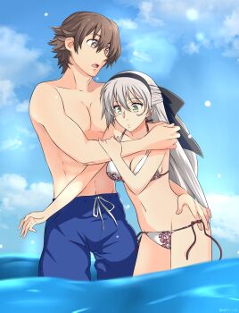 Rule 34 | 1boy, 1girl, ao no kiseki, bikini, black hairband, blue sky, boxers, breasts, brown eyes, brown hair, cleavage, cloud, commentary, double-parted bangs, eiyuu densetsu, elie macdowell, english commentary, grey eyes, hair between eyes, hairband, half updo, highres, lloyd bannings, long hair, male focus, male underwear, medium breasts, mullet, ocean, outdoors, side-tie bikini bottom, sky, spirit rise, swimsuit, underwear, white bikini, white hair, zero no kiseki