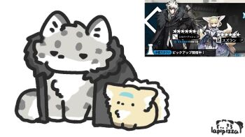 1boy 1girl animal animal_ear_fluff animal_ears animalization arknights artist_name black_cape black_coat blonde_hair blue_hairband braid braided_hair_rings cape coat commentary dr_luyan fox fox_ears fox_girl fox_tail fur-trimmed_cape fur_trim game_screenshot_inset hair_rings hairband kitsune kyuubi looking_at_viewer multiple_tails reference_inset screenshot_inset silverash_(arknights) simple_background snow_leopard_boy snow_leopard_ears snow_leopard_tail suzuran_(arknights) symbol-only_commentary tail white_background white_hair