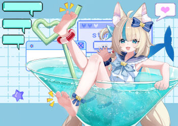 1girl :3 :d absurdres ahoge animal_ear_fluff animal_ears ankle_bow ankle_ribbon armpits bare_arms bare_legs barefoot blonde_hair blue_background blue_bow blue_bowtie blue_eyes blue_nails blue_pupils blue_sailor_collar blue_scrunchie blue_streaks blush bow bowtie cat_ears chinese_commentary cocktail_glass commentary_request crazy_straw cup dorsiflexion dot_nose dress drinking_glass drinking_straw fang feet feet_up fingernails fins fish_girl fish_tail frilled_sailor_collar frills full_body grid_background hair_bow hand_up heart heart_straw highres in_container in_cup indie_virtual_youtuber kakyouin2002 knee_up leaning_back leg_up letterboxed lifebuoy_anklet lifebuoy_hair_ornament long_hair looking_at_viewer low_twintails mini_person minigirl multi-source_commentary multicolored_hair notice_lines open_mouth outside_border pixel_art_inset pixel_heart ribbon sailor_collar sailor_dress sameko_saba sameko_saba_(1st_costume) scrunchie short_dress short_shorts shorts single_claw_pose sitting skin_fang sleeveless sleeveless_dress smile soles solo speech_bubble spoken_heart streaked_hair tail twintails two-tone_hair v-shaped_eyebrows very_long_hair virtual_youtuber white_dress white_shorts window_(computing) wrist_scrunchie