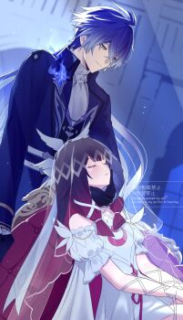 Rule 34 | 1boy, 1girl, alternate costume, antenna hair, black gloves, black hair, blue coat, blue hair, closed eyes, closed mouth, coat, collared coat, columbina (genshin impact), commentary request, crossed bangs, dress, flins (genshin impact), genshin impact, gloves, gradient hair, hair between eyes, hair ribbon, hand on another's chin, head wings, high collar, highres, long hair, long sleeves, looking at another, multicolored hair, off-shoulder dress, off shoulder, pink hair, puffy short sleeves, puffy sleeves, ribbon, short sleeves, twitter username, two-tone hair, umoumohl, veil, watermark, white dress, white ribbon, white wings, wings, wrist ribbon, yellow eyes