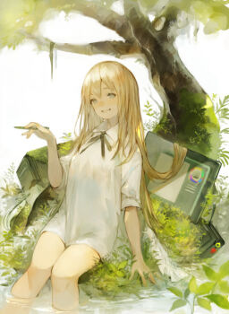 1girl blonde_hair blue_eyes bottomless collared_shirt computer computer_tower feet_out_of_frame grass grin hand_up highres holding holding_stylus kemomin_nosuke long_hair looking_at_viewer monitor moss neck_ribbon no_pants no_pupils original outdoors plant ribbon shirt sitting smile soaking_feet solo stylus tree water white_background white_shirt