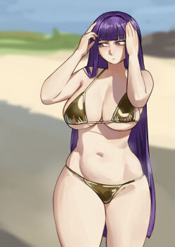 1girl absurdres beach bikini blue_sky blunt_bangs blurry blurry_background breasts cleavage closed_mouth fern_(sousou_no_frieren) gold_bikini golden_week grasslands hands_on_own_head highres large_breasts long_hair looking_to_the_side miao_jiangyou navel purple_eyes purple_hair rock sand sideboob sky solo sousou_no_frieren standing swimsuit thighs tree underboob very_long_hair