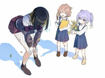 3girls ^_^ aged_down ankle_boots black_hair blonde_hair blonde_streaks blue_dress blue_hair boots brown_shoes chinese_commentary closed_eyes collared_shirt cometik_(idolmaster) commentary_request dress fishnet_pantyhose fishnets flower hands_on_own_knees highres holding holding_flower holding_paintbrush holding_sketchbook idolmaster idolmaster_shiny_colors ikaruga_luca ikuta_haruki leaf leopard_print_skirt light_blush looking_at_another multicolored_hair multiple_girls paint_splatter paint_splatter_on_face paintbrush pantyhose pinafore_dress pink_hair qinglai_haiji shadow shirt shoes simple_background sketchbook sleeveless sleeveless_dress socks standing streaked_hair suzuki_hana sweat white_background white_shirt white_socks yellow_flower yellow_shoes