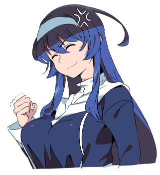 1girl anger_vein blue_dress blue_hair breasts clenched_hand closed_eyes dress large_breasts long_hair orie_ballardiae_harada simple_background solo touniyuu under_night_in-birth upper_body white_background