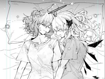 2girls arknights closed_eyes closed_mouth collarbone commentary_request demon_horns energy_wings feather_hair fiammetta_(arknights) greyscale hair_between_eyes halo head_on_pillow horns long_hair lying medium_hair monochrome mostima_(arknights) multiple_girls on_back on_bed on_side open_mouth pillow shenhai_shenye shirt short_sleeves sidelocks sleeping t-shirt traditional_halo upper_body yuri