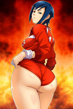Rule 34 | 1girl, ass, ayuhara natsu, black eyes, blue hair, breasts, buruma, capcom, gym uniform, highres, huge ass, jacket, justice gakuen, looking back, sano br, shiritsu justice gakuen, short hair, wedgie