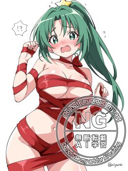 !? 1girl blush breasts commentary_request cowboy_shot embarrassed flying_sweatdrops green_eyes green_hair hair_ornament hands_up highres higurashi_no_naku_koro_ni large_breasts long_hair looking_at_viewer naked_ribbon navel niyane nose_blush open_mouth parted_bangs ponytail red_ribbon ribbon simple_background solo sonozaki_mion star_(symbol) star_hair_ornament twitter_username watermark white_background