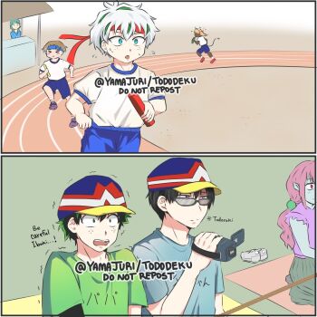 2boys 2koma boku_no_hero_academia bones_(company) child comic elementary_school_age father_and_child father_and_son freckles glasses hat married_male midoriya_izuku multiple_boys omegaverse parent_and_child recording running scar school_gym school_uniform shirt shorts shota shounen_jump sweatdrop todoroki_shoto wig yamajuri yaoi